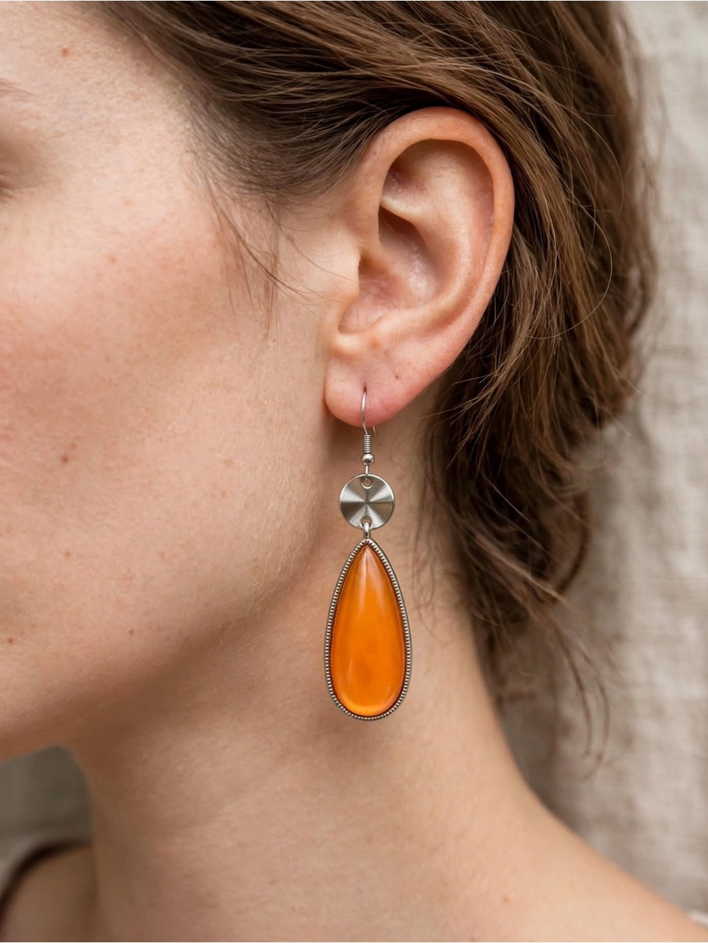 Orange Teardrop Dangle Earrings Silver Tone Fishhook Boho Statement Fall Jewelry